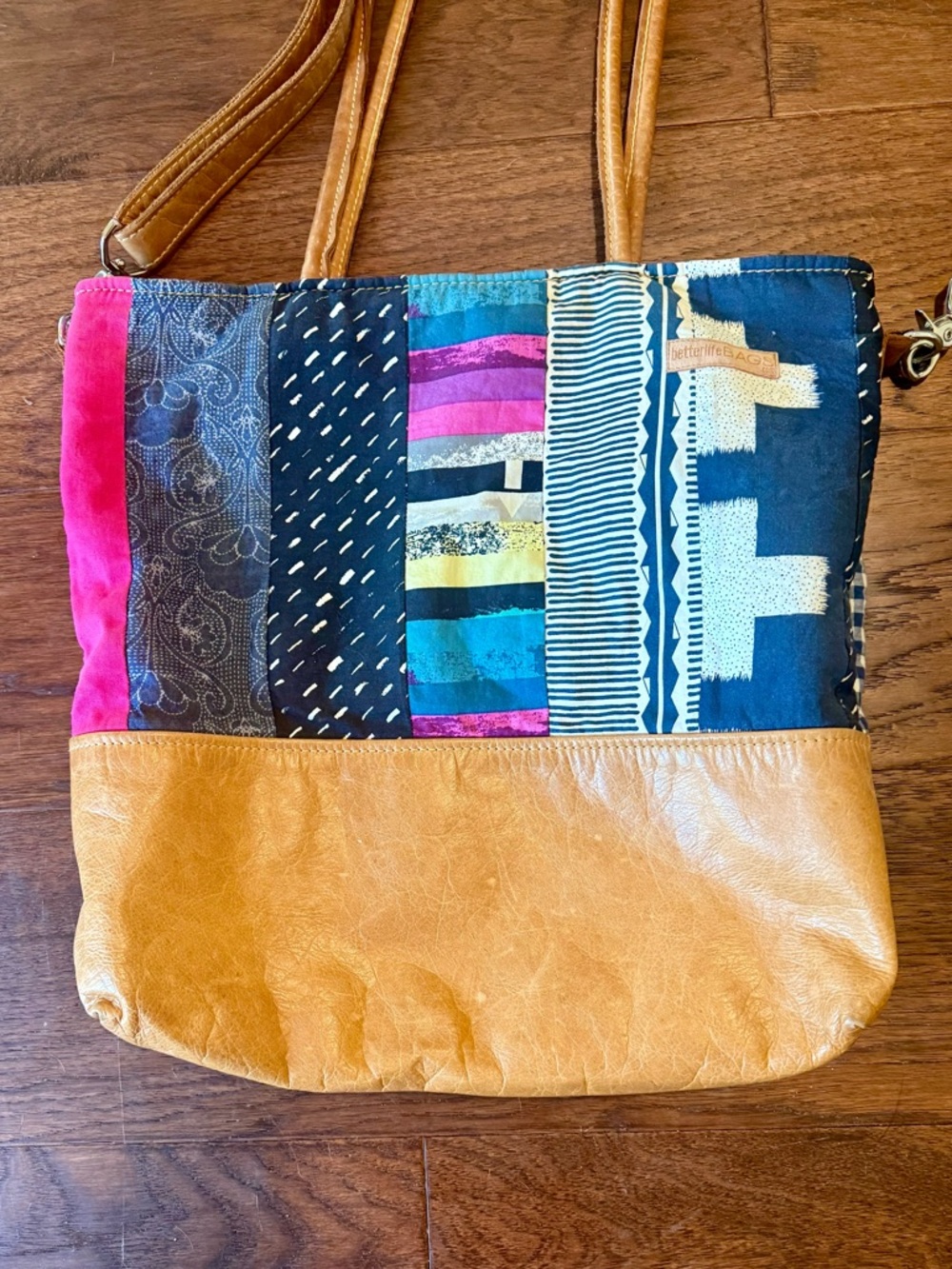 Better Life Bags Boho Patchwork Blue Pink Tan Leather Tote Bag Purse
